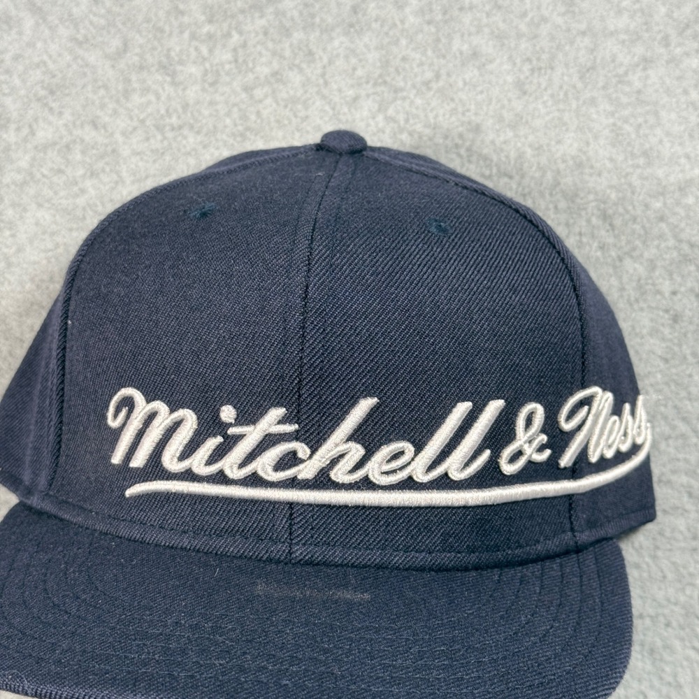 Mitchell & Ness Navy Blue‎ Wool Fitted Hat Script Wrap Around Logo Size 7 5/8
